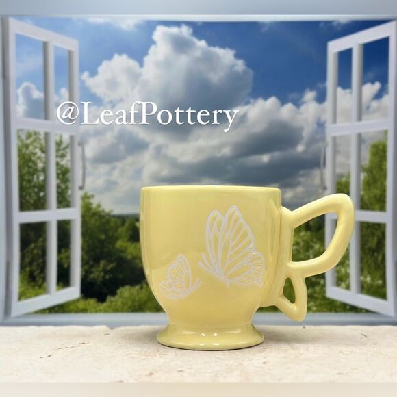 White Butterflies Yellow/White Ceramic 12oz Mug with Handle - Picture 1 of 9